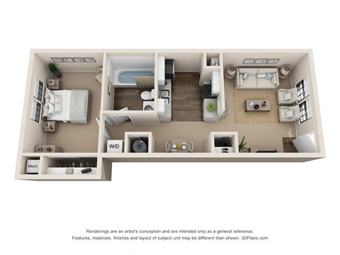 Floor plan for 1 bed, 1 bath, 640 sqft
